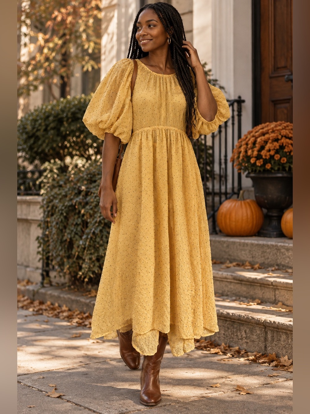 Moon River Mustard Yellow Puff Sleeve Midi Dress